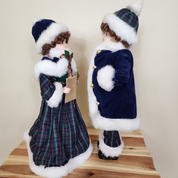 Blue Velvet Velour Plaid Boy and Girl Christmas Carolers Set Christmas Decor - Picture 9 of 14